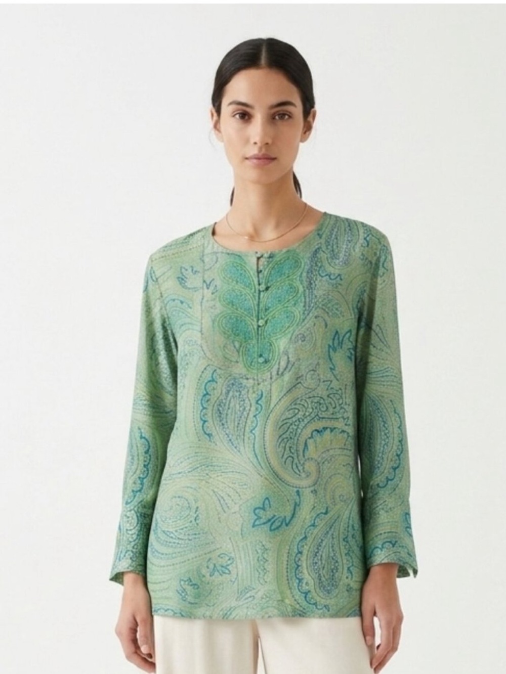 Coldwater Creek Silk Tunic Top Green Paisley PL, 20” PTP, 23” L